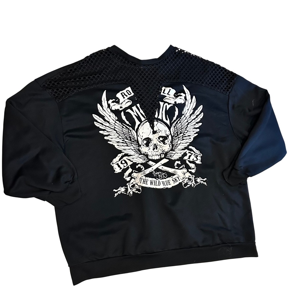 Romwe Womens 3XL Black Rock Roll Skull Graphic Mesh‎ Yoke Oversized Sweatshirt